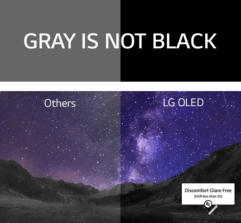De nachtelijke hemel boven de kloof wordt gevuld met de Melkweg. Boven de afbeelding verschijnt “gray is not black” (grijs is geen zwart) in witte blokletters tegen een zwarte achtergrond. Het scherm is in twee?n gesplitst en gemarkeerd als “Others” (anderen) en “LG OLED”. De andere zijde is duidelijk schemeriger en heeft een lager contrast, terwijl de LG OLED-zijde helder is, met een hoog contrast. De LG OLED-zijde heeft ook Discomfort Glare Free-certificatie.