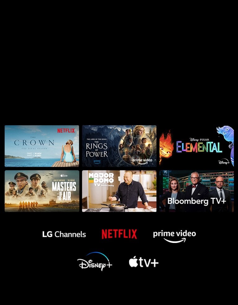 Zes miniafbeeldingen van films en tv-shows worden weergegeven met de logo’s van LG-kanalen, Netflix, Prime Video, Disney+ en Apple TV+ eronder.