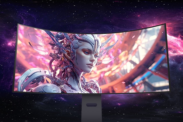 Een geanimeerde video die overgaat van een vooraanzicht naar een bovenaanzicht van een gebogen monitor.