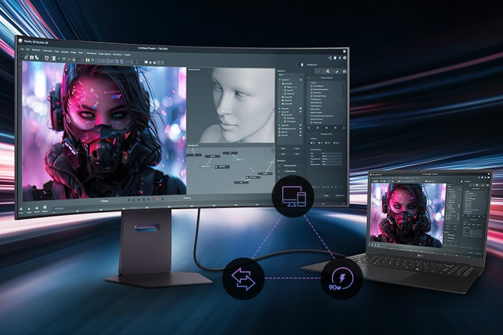 Ultrawide monitor aangesloten op een laptop waarop creatief ontwerpwerk wordt weergegeven.