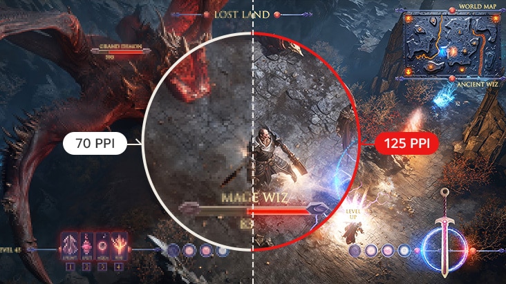 Gamingscène met 70 PPI versus 125 PPI voor visuele duidelijkheid.