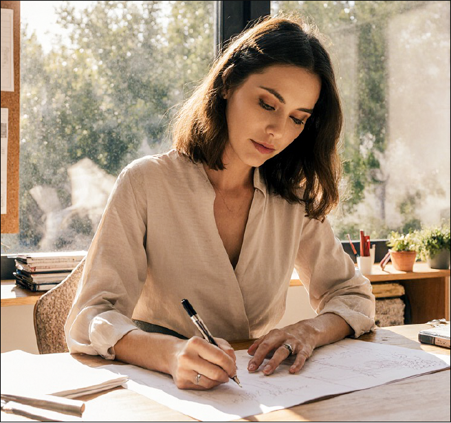 Een vrouw gekleed in het wit zit naast een bureau met informatie die erop ligt.