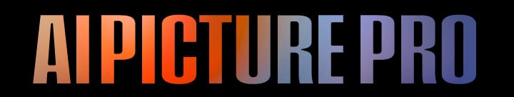 Text reading 'AI PICTURE PRO' in bold, capital letters with a gradient color scheme ranging from orange on the left to pink and blue on the right, set against a black background.	