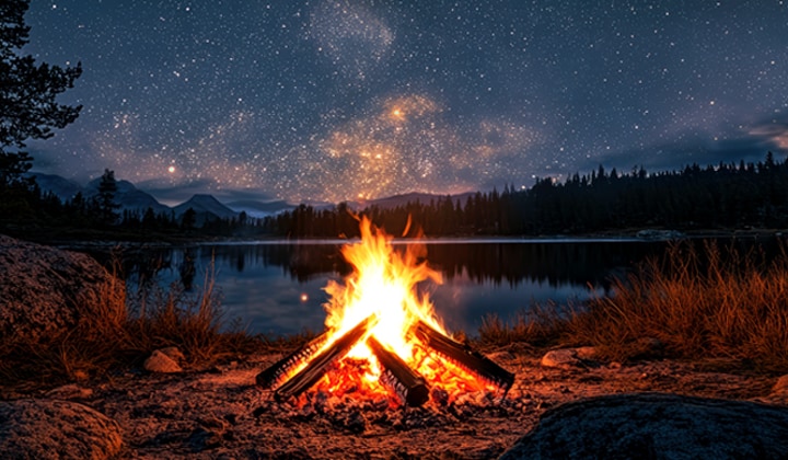 Campfire at night in the middle of nature. In the distance is a forest and lake. The evening sky is filled with stars. The scene is split in half. On one side, it showcase the impressive brilliance from Brightness Booster. On the other side, it's darker and grayer. 