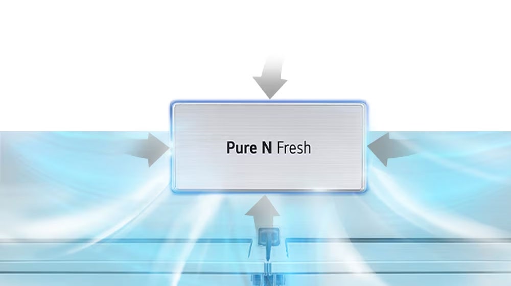 Inside the refrigerator filled with ingredients, blue arrows, which mean cold, are displayed below, on both sides, and on the whole.