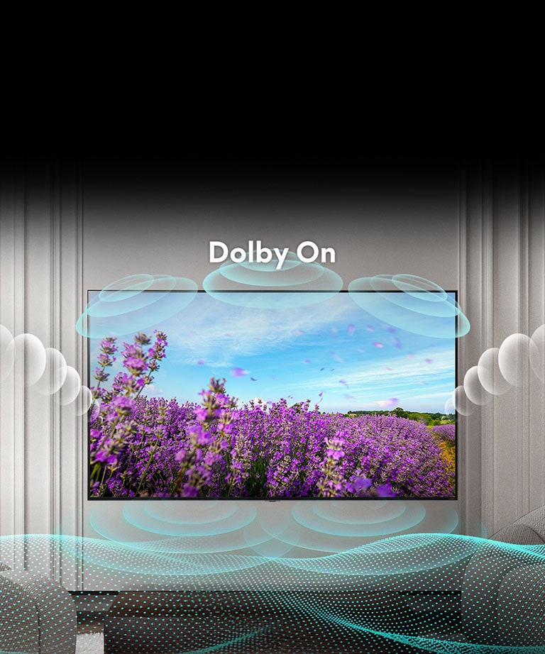La pantalla del QNED TV muestra unas flores rosas de colza en un campo de verano y en el centro del texto se lee ?Dolby OFF?. La imagen de dentro de la pantalla se vuelve más brillante y el texto cambia a Dolby ON.