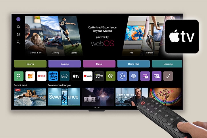 La pantalla de inicio de LG webOS muestra un recuadro negro con el logotipo de Apple?TV
