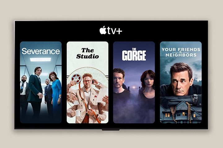 En la LG?TV, se muestran miniaturas de cuatro programas de televisión debajo del logotipo de Apple?TV+ (Severance, The Studio, The Gorge y Your Friends and Neighbors).