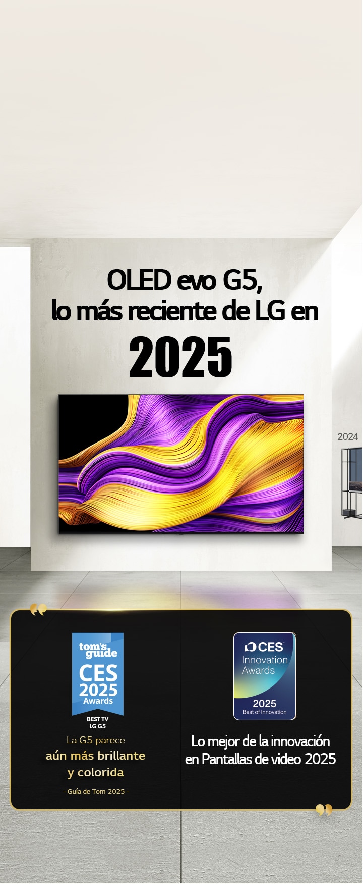 LG TV. El título dice “La última OLED evo?G5 de LG 2025”. Junto a él, las menciones de los premios. La Guía de Tom: “La G5 parece aún más brillante y colorida”. Lo mejor de la innovación en Pantallas de video?2025 de los premios CES Innovation Awards. 