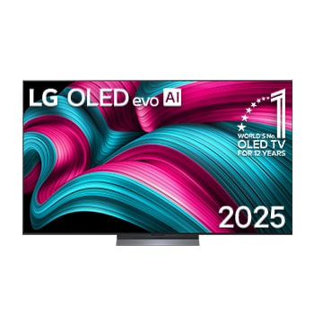 Vista de frente de la Smart TV LG OLED evo AI C5 4K. El emblema “OLED, número 1 del mundo durante 12 a?os” y el logotipo de LG OLED evo AI 2025 aparecen en la pantalla.