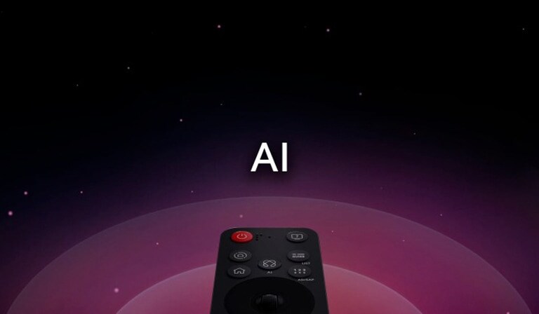 LG AI Magic Remote con el botón AI resaltado. Hay una representación gráfica de la interfaz de usuario con íconos que muestran cómo el botón AI permite a los usuarios acceder a diferentes funciones de AI. Los servicios incluyen AI Voice ID, AI Search, AI Chatbot, AI Concierge, AI Picture Wizard y AI Sound Wizard. Luego, la funcionalidad se muestra cuando el cursor aparece sobre una interfaz, mostrando cómo se puede usar la cámara remota como un mouse aéreo para simplemente apuntar y hacer clic.