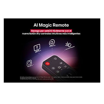 LG AI Magic Remote with the AI button highlighted. Around it are the different functionalities that a user can access from the button. AI Voice ID, AI Search, AI Chatbot, AI Concierge, AI Picture Wizard, AI Sound Wizard. The text explains that the LG AI Magic Remote completes your AI experience with a dedicated AI button and can be used like an air mouse. Just point and click.