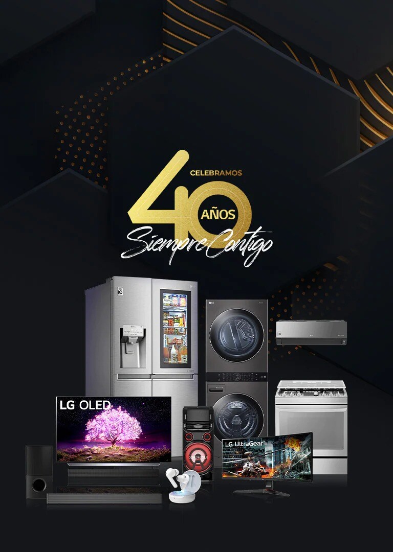Productos LG como InstaView, WashTower, y OLED posan frente a un fondo negro con franjas doradas.
