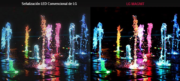 Fuente de piso con diferentes colores para mostrar la diferencia entre la se?alización LED convencional de LG y MAGNIT en cuanto a la relación de contraste y claridad
