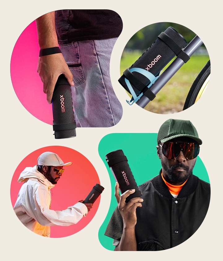 En el lado superior izquierdo, xboom Grab se sostiene con su correa en la mu?eca de alguien. En el lado superior derecho, xboom Grab se coloca en el portabotellas de una bicicleta. En la parte inferior izquierda, will.i.am con un atuendo blanco sostiene xboom Grab con su mano derecha. En la parte inferior derecha, will.i.am con un atuendo negro sostiene xboom Grab con su mano derecha.