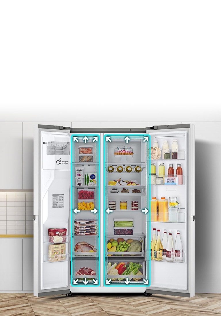 Un video comienza con la vista frontal del refrigerador con ambas puertas abiertas. Los espacios interiores están delineados con líneas de neón y las flechas comienzan a empujar las líneas para mostrar que ahora hay más espacio en el interior. El cuadrado de neón alrededor de los espacios interiores parpadea para mostrar la diferencia entre el nuevo espacio y el antiguo espacio más peque?o que ahora se destaca en una línea blanca punteada.
