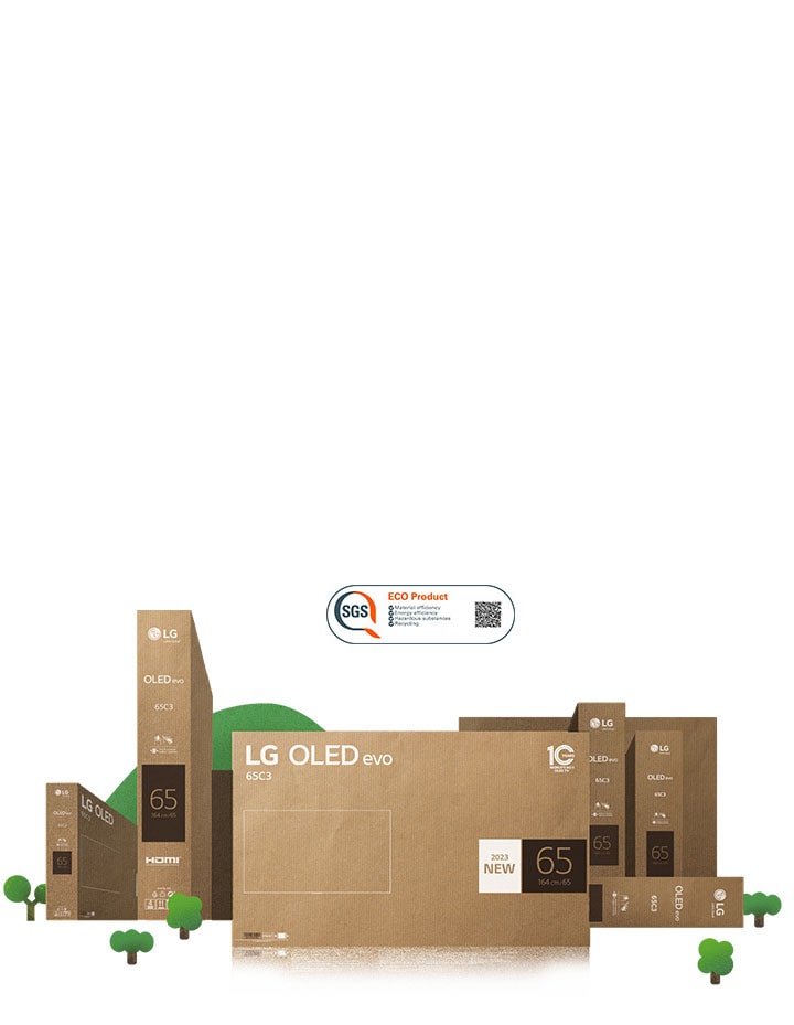 Embalaje de cartón LG OLED ecológico representado alrededor de prósperos árboles y monta?as.