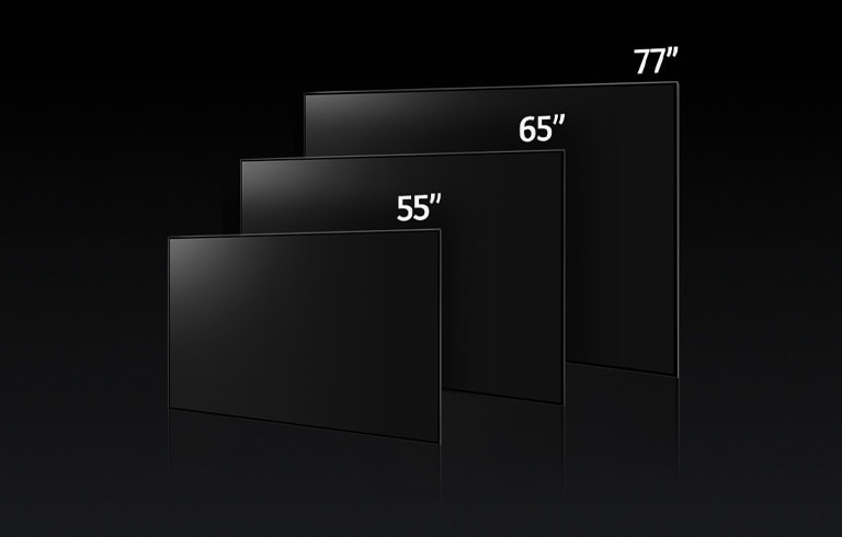 Una imagen que compara los distintos tama?os del LG OLED G3, mostrando 55", 65" y 77".