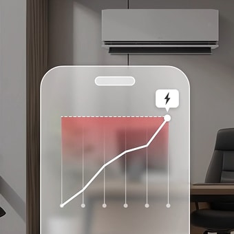 Interfaz móvil con gráfico de consumo de energía frente al aire acondicionado LG, resaltando AI kW Manager para monitoreo inteligente y eficiente de energía.
