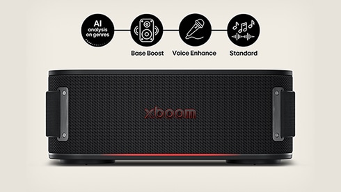 The top of the front image of the LG xboom introduces the "AI analysis on genres" feature. It supports Base Boost, Voice Enhance, and Standard.