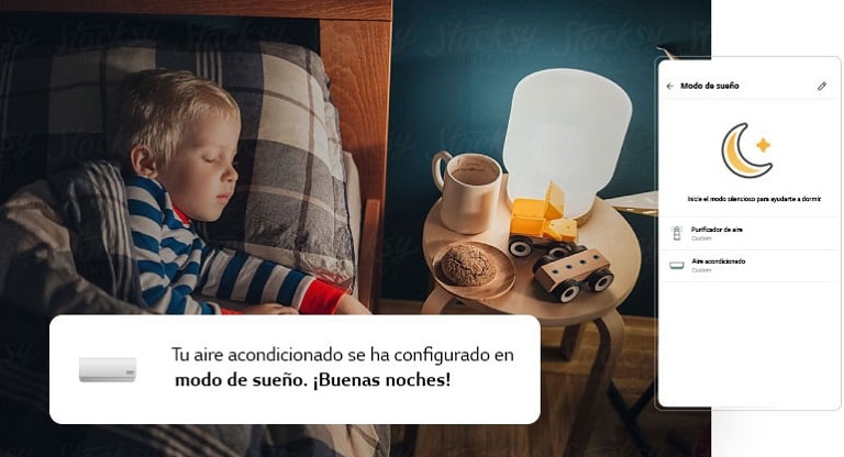 La imagen muestra un ni?o durmiendo en su cama. A su lado, hay una pantalla de la aplicación LG ThinQ que muestra la configuración del aire acondicionado en la habitación.
