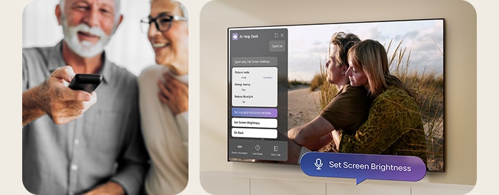 A la izquierda, un hombre y una mujer se sientan mientras el hombre se?ala con un control remoto. A la derecha, la pantalla de un televisor LG muestra a una mujer y un hombre sentados en un campo de arena con una ventana de servicio de chatbot de IA abierta en el lado izquierdo de la pantalla con un globo de diálogo que dice "Establecer brillo de pantalla" en la esquina inferior derecha.