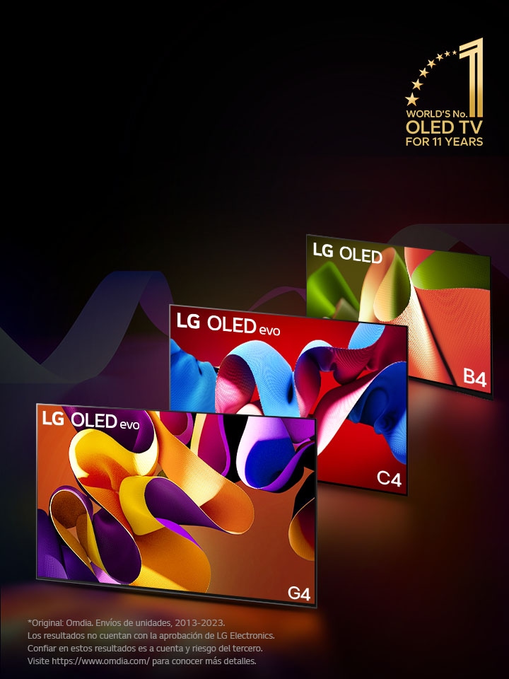 LG OLED evo TV C4, evo G4 y B4 colocados uno junto a otro en línea sobre a un fondo negro con espirales de colores. El distintivo “World's No. 1 OLED TV for 11 Years” también aparece en la imagen.  Un aviso legal que dice: "Original: Omdia. Envíos de unidades, 2013-2023. Los resultados no cuentan con la aprobación de LG Electronics. Confiar en estos resultados es a cuenta y riesgo del tercero. Visite?https://www.omdia.com/?para conocer más detalles".