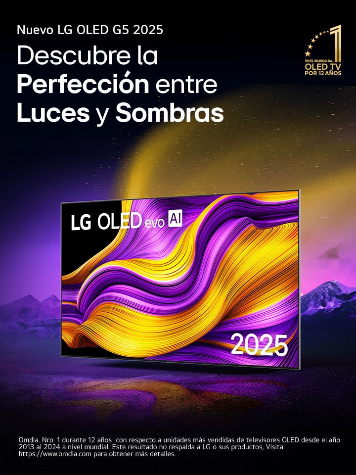 En la pantalla de una TV LG OLED evo con IA aparece una imagen abstracta con detalles, colores y un contraste impactantes. Detrás de la TV, se muestra una versión ampliada del procesador alpha?11 AI Gen2. Brilla con una luz que ilumina los circuitos de microchips a su alrededor. El título dice LG OLED evo AI. También puede verse el texto: Con la tecnología del procesador LG alpha?11 AI Gen2. En la esquina hay un logotipo dorado con estrellas que dice: OLED TV número uno del mundo durante 12?a?os. 