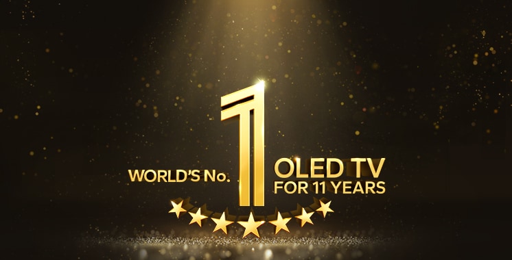 Un emblema dorado del televisor OLED número 1 del mundo durante 11 a?os sobre un fondo negro. Un foco brilla sobre el emblema y estrellas abstractas doradas llenan el espacio.