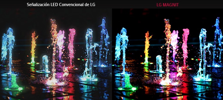 Fuente de piso con diferentes colores para mostrar la diferencia entre la se?alización LED convencional de LG y MAGNIT en cuanto a la relación de contraste y la claridad