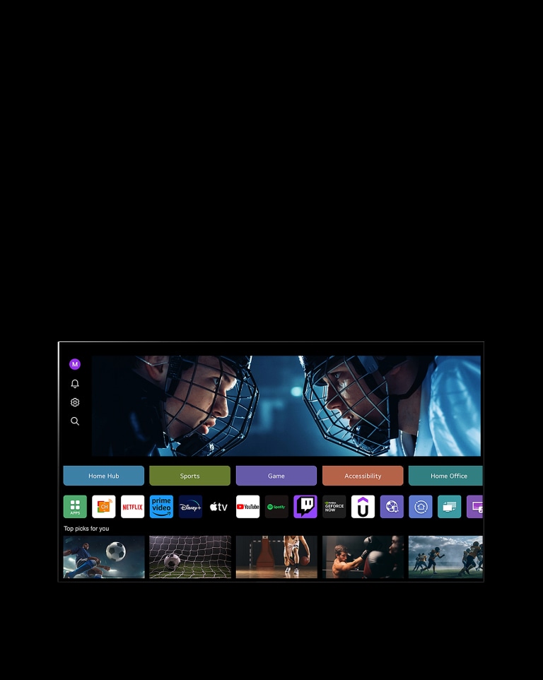 Una pantalla de TV LG muestra la visualización de Mi Perfil. En el tercio superior, un banner de Tangible Wonders. Debajo del banner, se muestran los siguientes botones: Home Hub, Deportes, Juego, Accesibilidad, Home Office. Debajo de los botones, se muestran los siguientes logotipos: Canales LG, Netflix, Prime Video, Disney+, Apple TV, YouTube, Spotify, Twitch, GeForce Now y Udemy. Debajo de los logotipos, se muestran 5 miniaturas de películas bajo el texto "Recomendaciones para ti". Haz clic con el cursor en la "S" inicial de la esquina superior izquierda. Se abre un menú desplegable LG Account y se muestran cinco nombres. El cursor hace clic en el segundo nombre y las miniaturas y los contenidos recomendados en pantalla cambian.