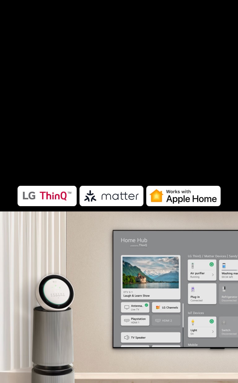 Un logotipo de LG ThinQ? y Apple Home. Un TV LG montado en una pared y un LG PuriCare? Objet Collection 360° a la izquierda. El televisor muestra Home Hub y un cursor hace clic en "Purificador de aire" y se activa LG PuriCare? Objet Collection 360°.