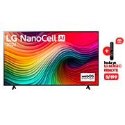 Vista frontal de LG NanoCell TV, NANO80 con texto de LG NanoCell, 2024 y logotipo de webOS Re:Nuevo Programa en pantalla