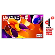 Vista frontal con LG OLED evo AI TV, OLED G4, 11 a?os del OLED Emblem número 1 del mundo y logotipo de webOS Re:New Program en pantalla, así como la Soundbar debajo