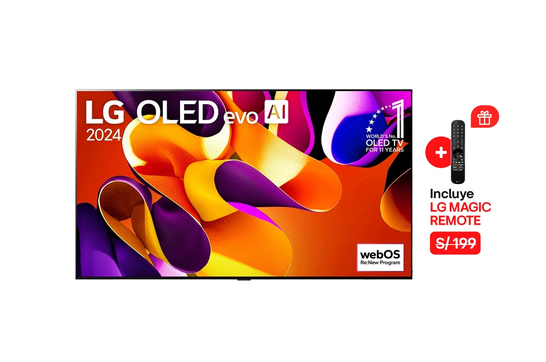 Vista frontal con LG OLED evo AI TV, OLED G4, 11 a?os del OLED Emblem número 1 del mundo y logotipo de webOS Re:New Program en pantalla, así como la Soundbar debajo