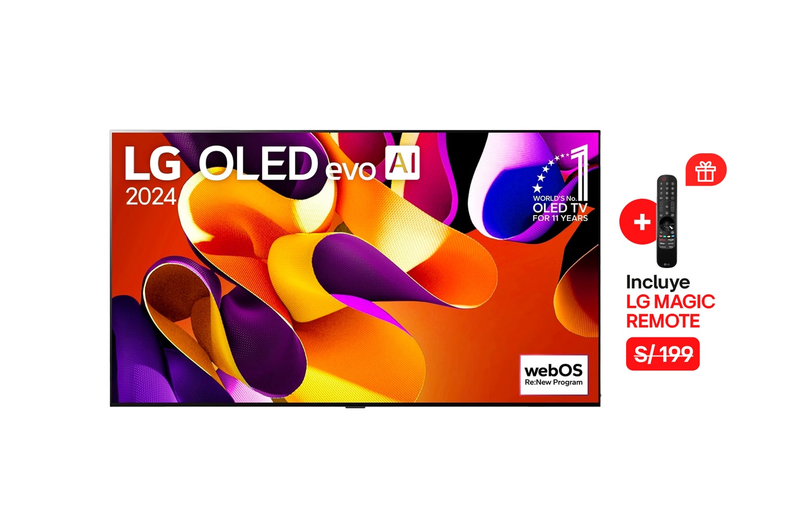 Vista frontal con LG OLED evo AI TV, OLED G4, 11 a?os del OLED Emblem número 1 del mundo y logotipo de webOS Re:New Program en pantalla, así como la Soundbar debajo