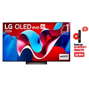 Vista frontal con LG OLED evo AI TV, OLED C4, 11 a?os del logotipo OLED Emblem número 1 del mundo y logotipo de webOS Re:New Program en pantalla