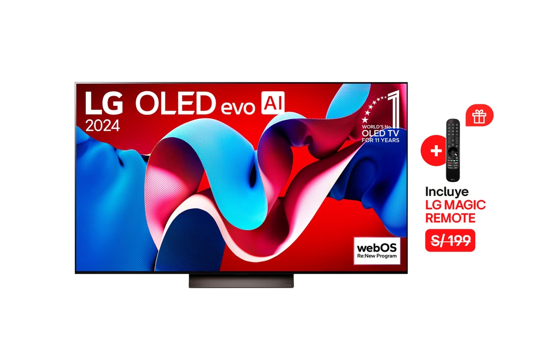 Vista frontal con LG OLED evo AI TV, OLED C4, 11 a?os del logotipo OLED Emblem número 1 del mundo y logotipo de webOS Re:New Program en pantalla