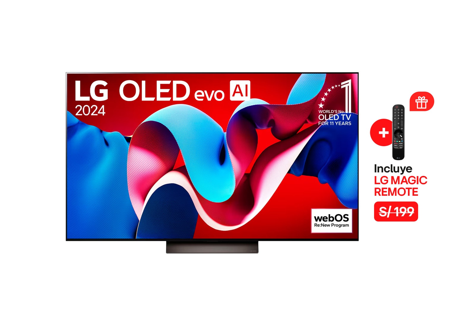 Vista frontal con LG OLED evo AI TV, OLED C4, 11 a?os del logotipo OLED Emblem número 1 del mundo y logotipo de webOS Re:New Program en pantalla