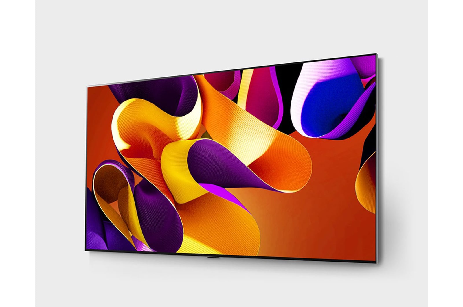 Slightly-angled left-facing side view of LG OLED evo TV, OLED G4 on the wall with the Soundbar below
