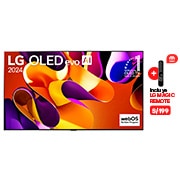 Vista frontal con LG OLED evo AI TV, OLED G4, 11 a?os del OLED Emblem número 1 del mundo y logotipo de webOS Re:New Program en pantalla, así como la Soundbar debajo