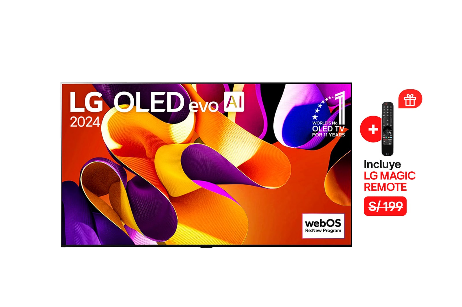 Vista frontal con LG OLED evo AI TV, OLED G4, 11 a?os del OLED Emblem número 1 del mundo y logotipo de webOS Re:New Program en pantalla, así como la Soundbar debajo