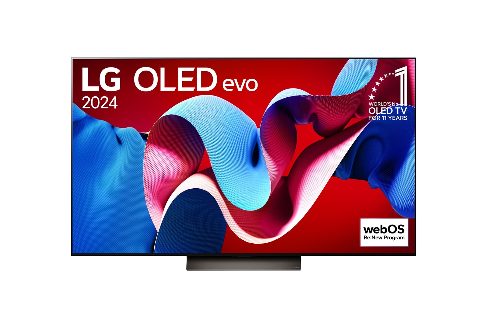Vue de face de la TV OLED evo LG, OLED C4, logo de l’emblème OLED numéro 1 dans le monde pendant 11?ans et logo du programme webOS Re:New à l’écran.