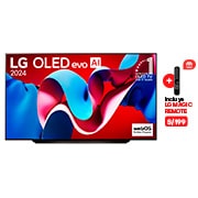 Vista frontal con LG OLED evo AI TV, OLED C4, 11 a?os del OLED Emblem número 1 del mundo y logotipo de webOS Re:New Program en pantalla