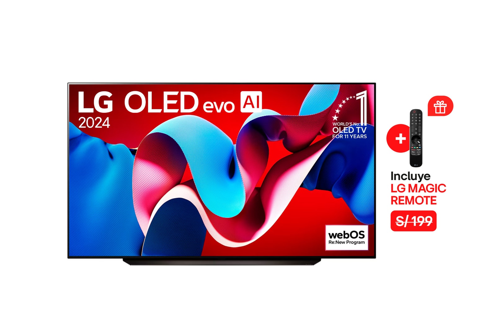 Vista frontal con LG OLED evo AI TV, OLED C4, 11 a?os del OLED Emblem número 1 del mundo y logotipo de webOS Re:New Program en pantalla