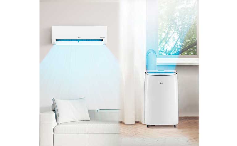 De izquierda a derecha, se ve un Aire Acondicionado Dual Inverter LG en la pared, y el Aire Acondicionado Portátil LG
