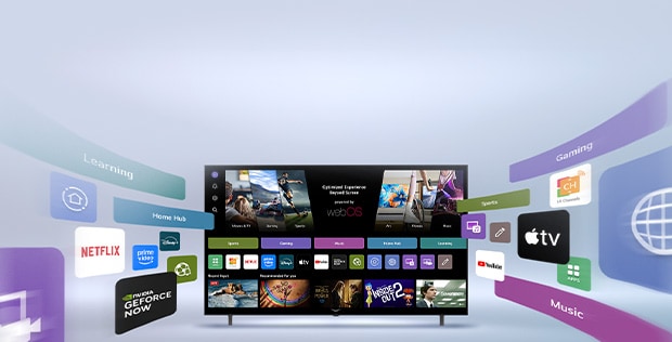 LG Smart TV displaying webOS home screen with entertainment apps and LG Channels UI elements dynamically expanding outward, highlighting 4,000+ global apps and channels.