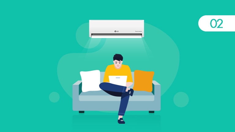 A man reading a book on a sofa under an air conditioner.