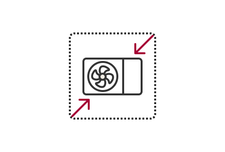Icon representing Compact Size is depicted by an air conditioner within a dashed square, emphasized by red arrows pointing to its reduced dimensions.