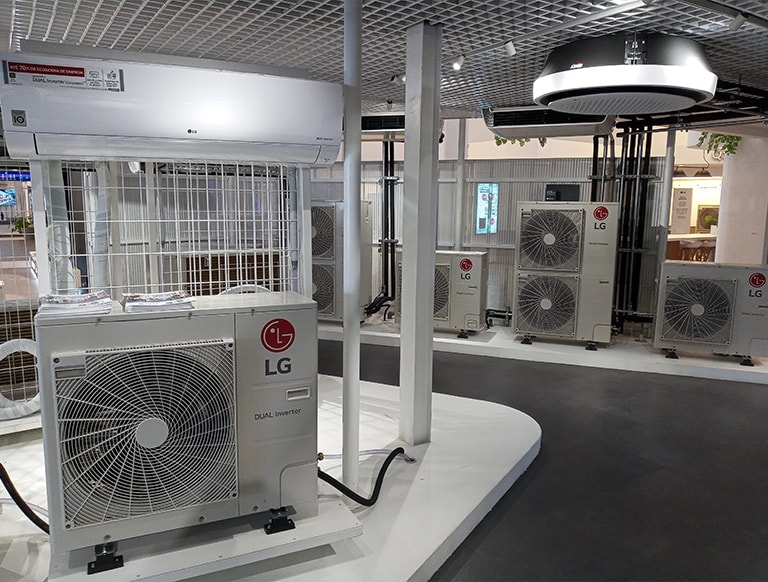 There are several outdoor and indoor units on display inside